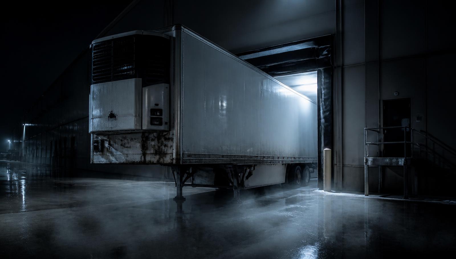 Refrigerated trailer backed into a cold-storage dock at night